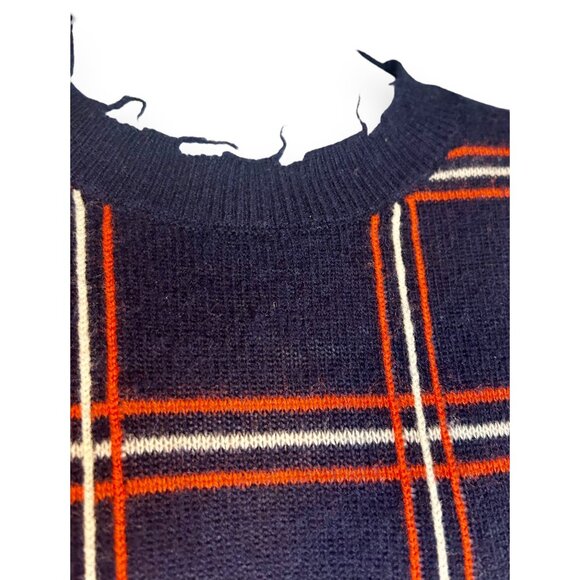 Scripted Ethan Windowpane Plaid Navy Orange Sweater distressed fringe - Picture 3 of 10